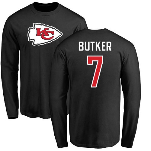 Men Kansas City Chiefs #7 Butker Harrison Black Name and Number Logo Long Sleeve T-Shirt
